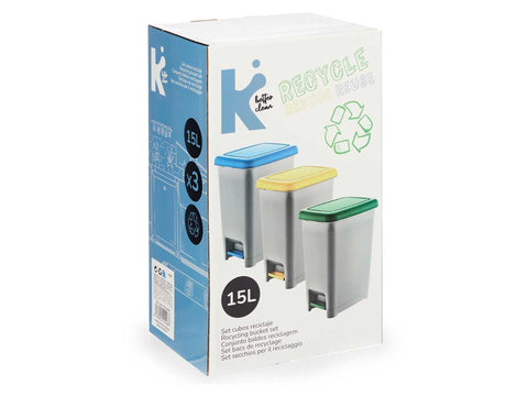 Set 3 Papeleras 15 Litros Plástico Reciclaje con Pedal