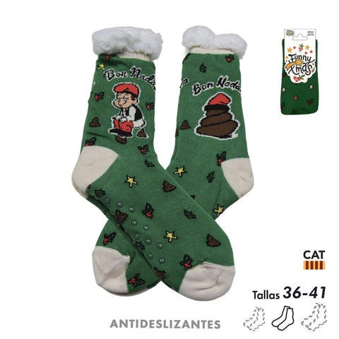 Calcetines Woman Talla 36-41 Antideslizantes Caganer Sherpa Verdes Catalán ''Bon Nadal''