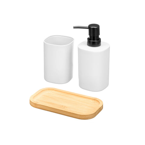 Set Dosificador Vaso Base Bambú Blanco