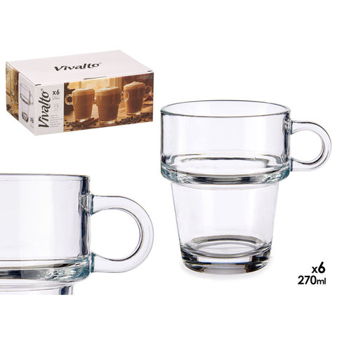 Pack 6 Tazas de Vidrio Apilables 270ml con Asa