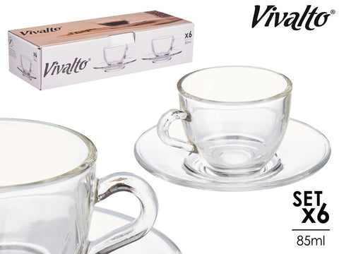 Pack 6 Tazas de Vidrio Café 85ml con Plato