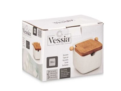 Azucarero Cerámica Blanco Tapa Bambú