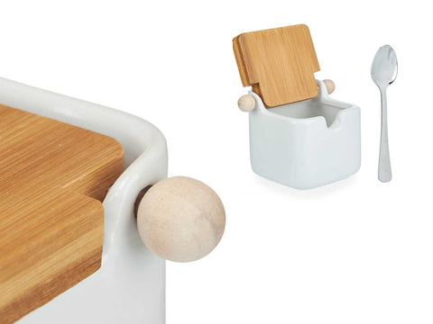 Azucarero Cerámica Blanco Tapa Bambú