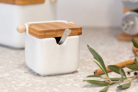 Azucarero Cerámica Blanco Tapa Bambú