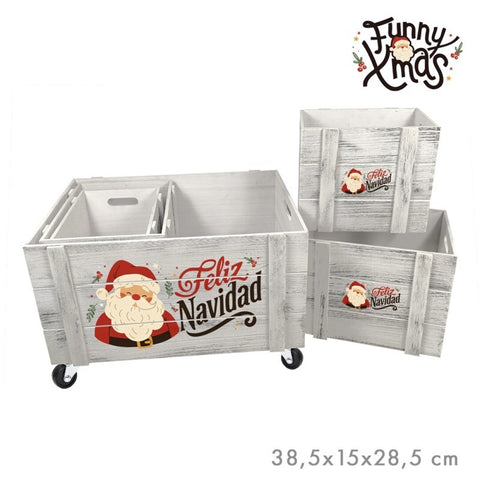 Set 5 Cajas Madera Ruedas Feliz Navidad Castellano