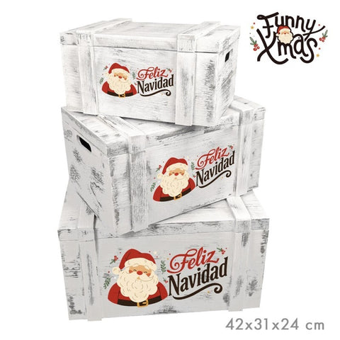 Set 3 Cajas Madera con Tapa Feliz Navidad Castellano