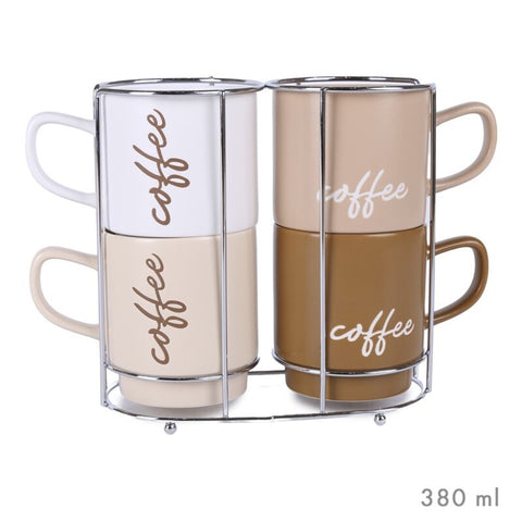 Set 4 Tazas Café 380ml Soporte Metal Coffee Break