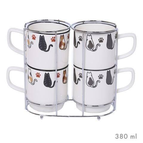 Set 4 Tazas Café 380ml Soporte Metal Many Cats