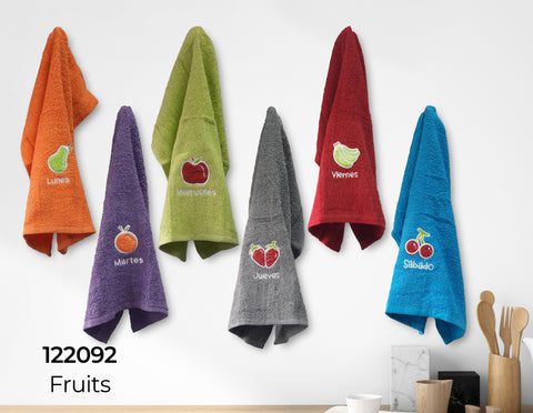 Pack 6 Paños de Algodón 50x50cm Bordado Semanario Frutas