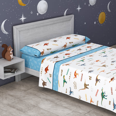 Juego de Sábanas cama 90cm Dinos Azul 50% Algodón