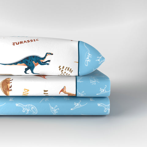 Juego de Sábanas cama 90cm Dinos Azul 50% Algodón