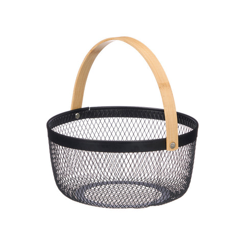 Cesta Redonda Negra Asa Bambú 21x22x10.5cm