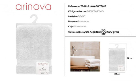 Toalla Blanca 50x90cm 500 gramos Arinova para Lavabo
