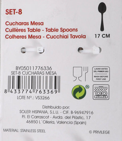 Set 8 Cucharas de Mesa Acero Inoxidable