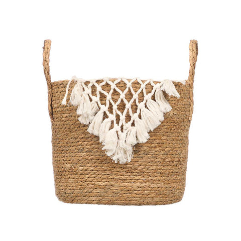 Macetero Mimbre Macramé Pompón Blanco
