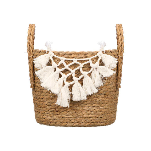 Macetero de Mimbre Macramé Pompón Blanco