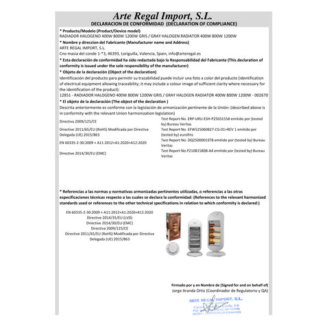 Radiador Halógeno 400W 800W 1200W Gris Argón