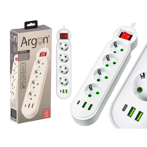 Regleta Multifunción 4 3 Enchufes Interruptor 2500W Blanco Argón
