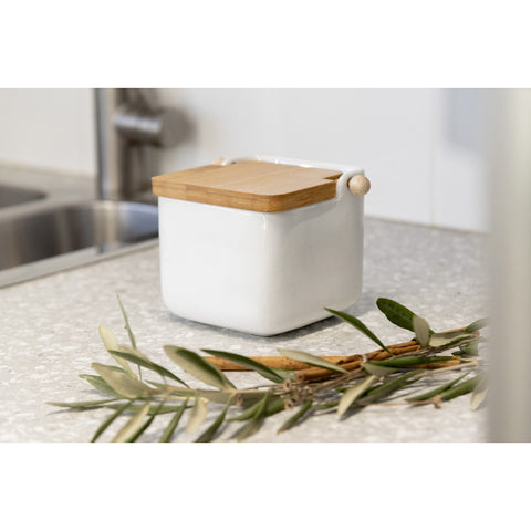 Salero de Cerámica Blanco con Tapa Bambú 800ml