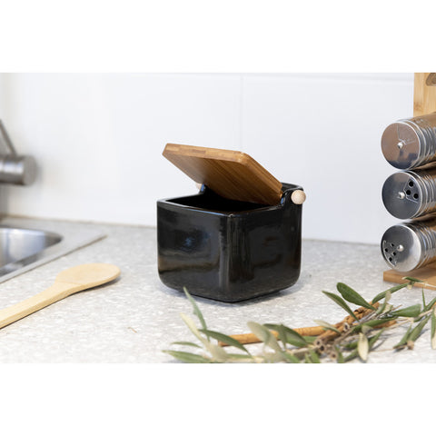 Salero de Cerámica Negro Tapa Bambú 800ml