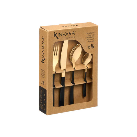 Set 16 Piezas Cubiertos Acero Negro/Dorado