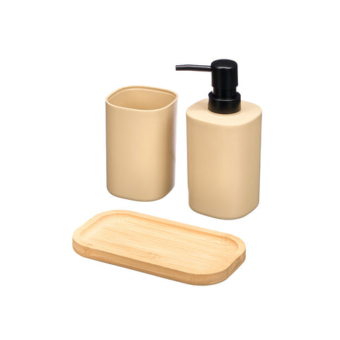 Set Dosificador Vaso Base Bambú Beige