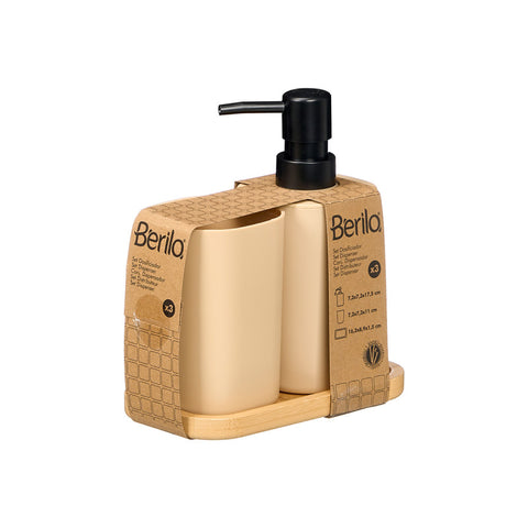 Set Dosificador Vaso Base Bambú Beige