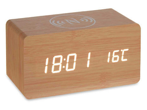 Reloj efecto Madera con Alarma - Cargador Movil - Temperatura 