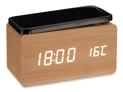 Reloj efecto Madera con Alarma - Cargador Movil - Temperatura 