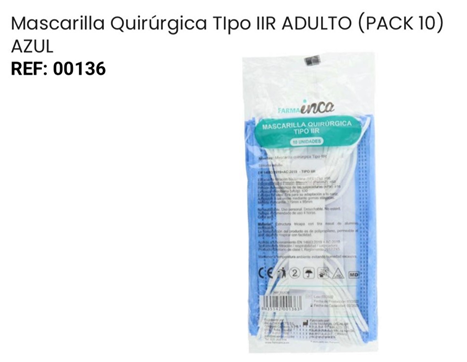 Mascarilla Quirurgica Tipo IIR Adulto ( PACK 10 ) AZUL